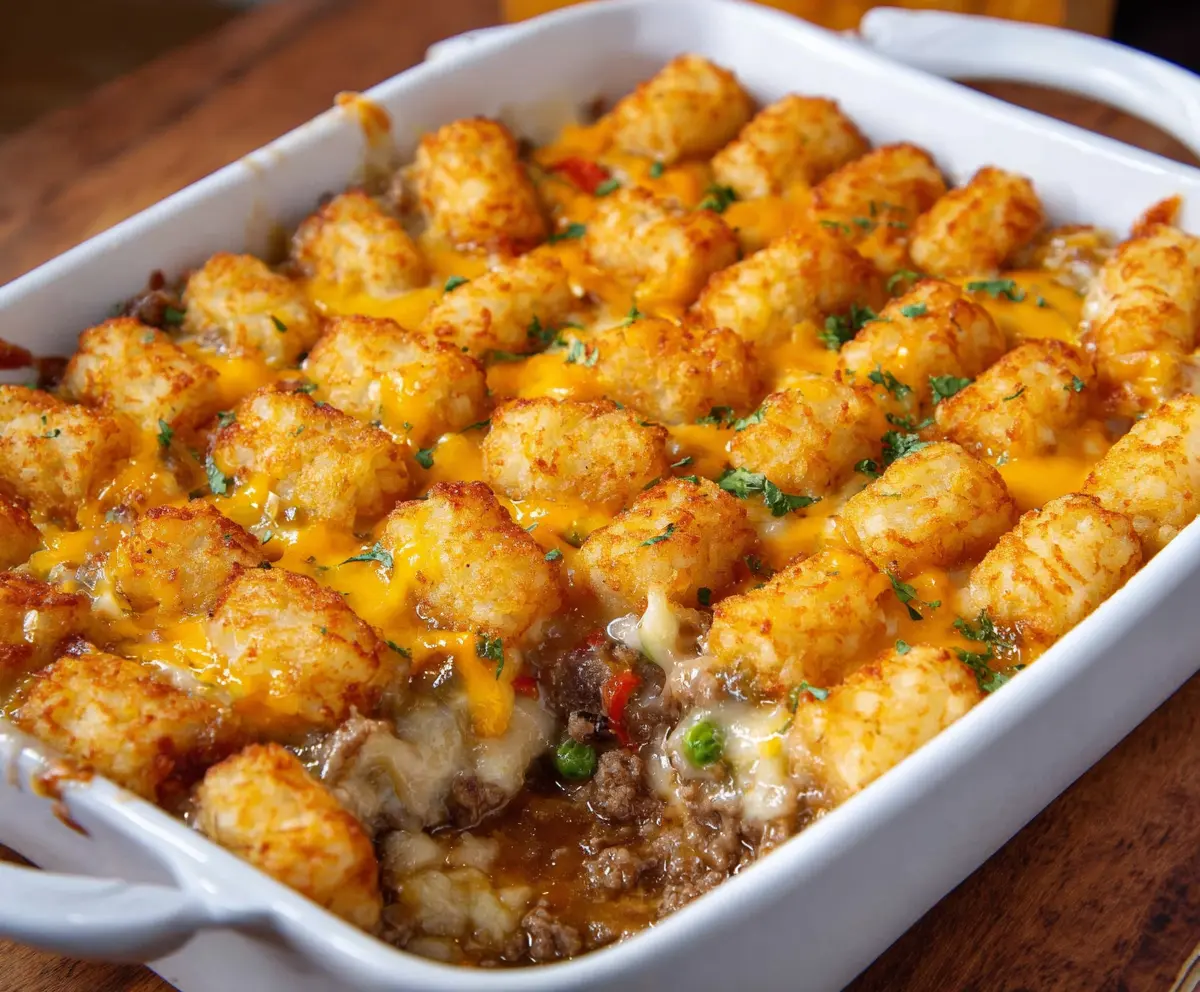 Delicious Tater Tot Casserole topped with melted cheese and crispy tater tots, ready to serve.