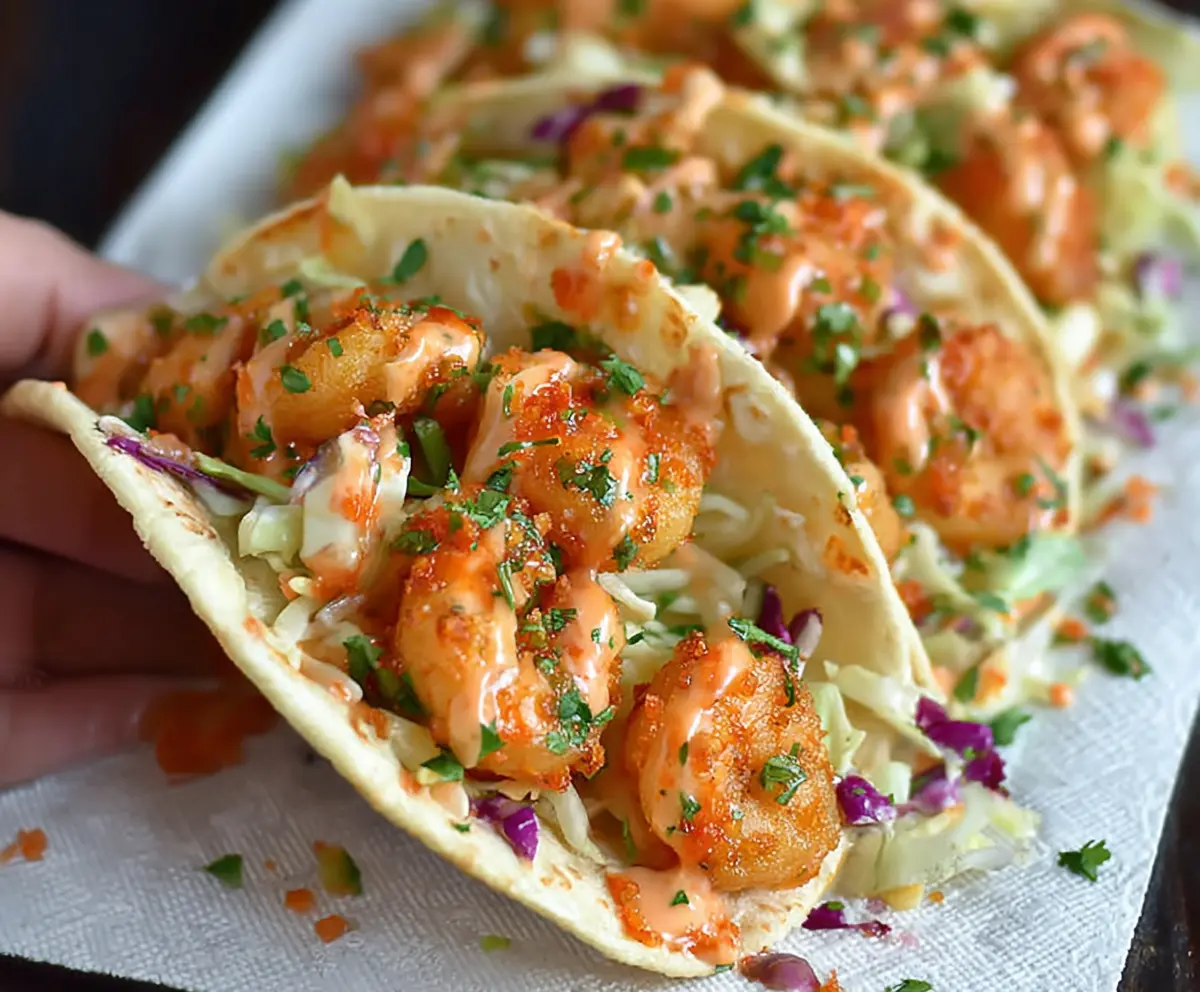 Delicious Bang Bang Shrimp Tacos topped with fresh vegetables and creamy sauce, perfect for a flavorful seafood meal.