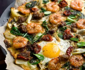 Delicious Tuscan Shrimp with fresh spinach, artichokes, and sun-dried tomatoes on a plate.