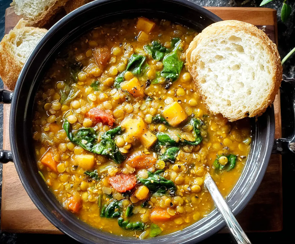 Hearty warm lentil soup in a bowl, garnished with fresh herbs, perfect for a cozy meal.