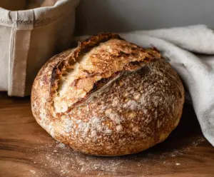 Golden brown sourdough bread loaf fresh from the oven, perfect for beginners and bread lovers.