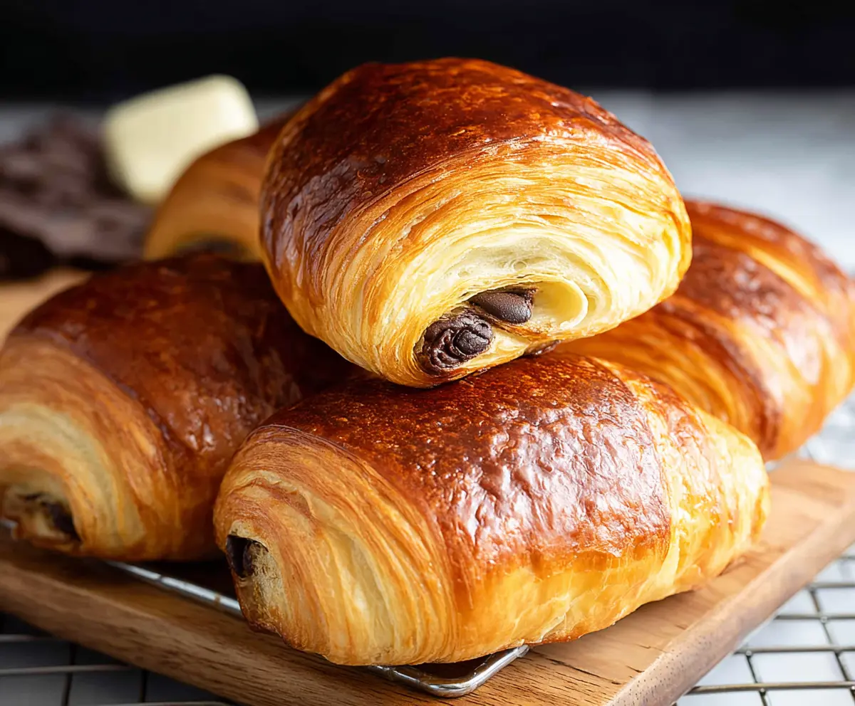 Delicious chocolate croissants fresh out of the oven, showcasing flaky golden layers filled with rich chocolate.