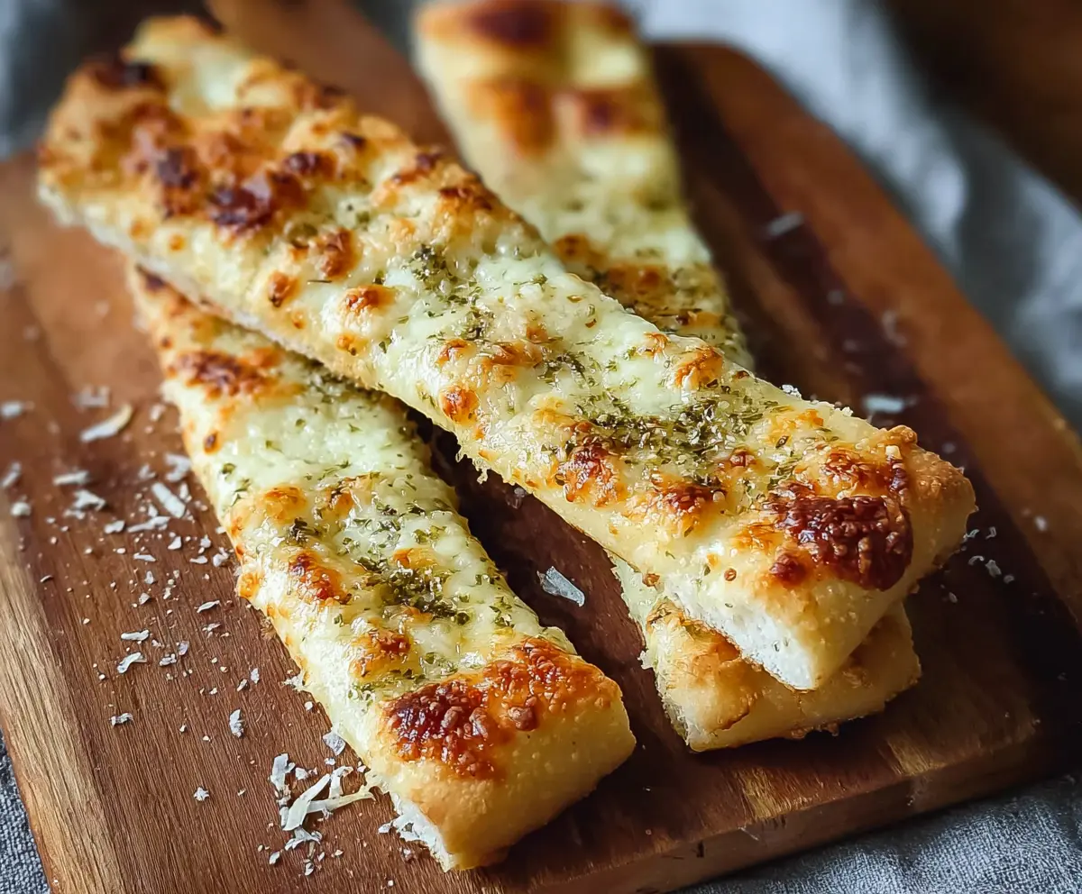 Golden crispy sourdough cheesy breadsticks garnished with herbs, perfect for snacking or appetizers.