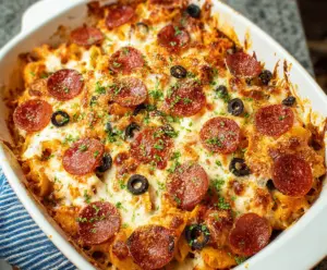 Delicious Easy Weeknight Pizza Casserole served in a baking dish with melted cheese and toppings
