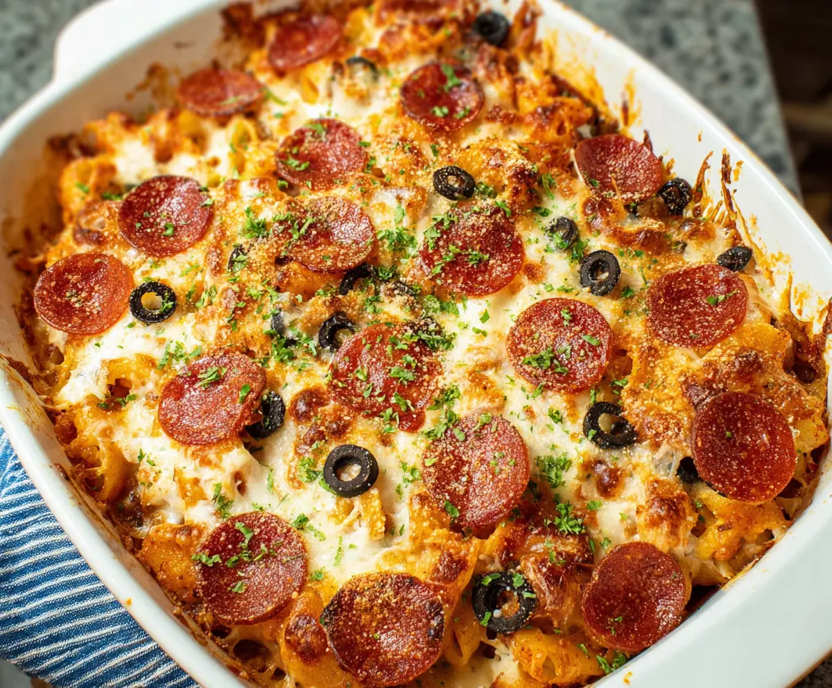 Delicious Easy Weeknight Pizza Casserole served in a baking dish with melted cheese and toppings