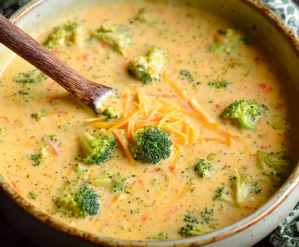 Creamy healthy broccoli cheddar soup in a bowl, garnished with fresh broccoli and shredded cheddar cheese.