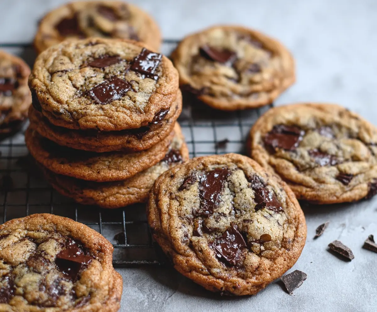 Delicious sourdough discard chocolate chip cookies on a plate, highlighting homemade bakery quality and gooey chocolate chips.