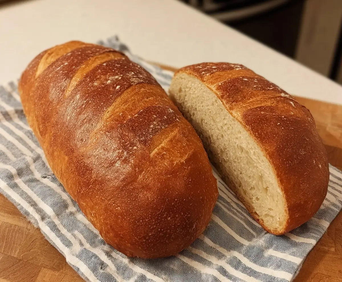 Golden-brown Quick Sourdough Discard French Bread sliced on a wooden board, showing a crispy crust and soft interior.