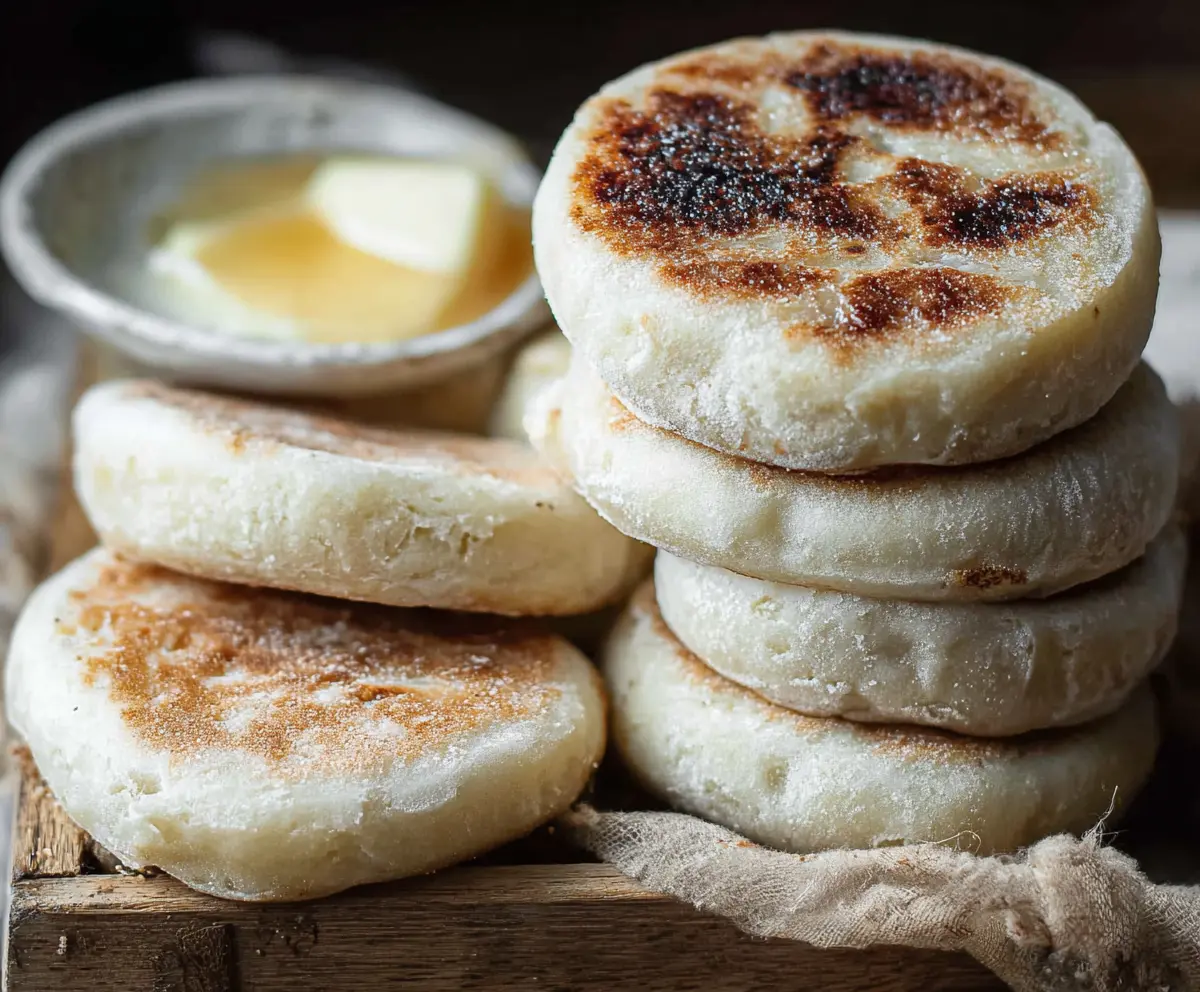 Golden brown sourdough discard English muffins on a rustic plate, ready to serve as a breakfast favorite.