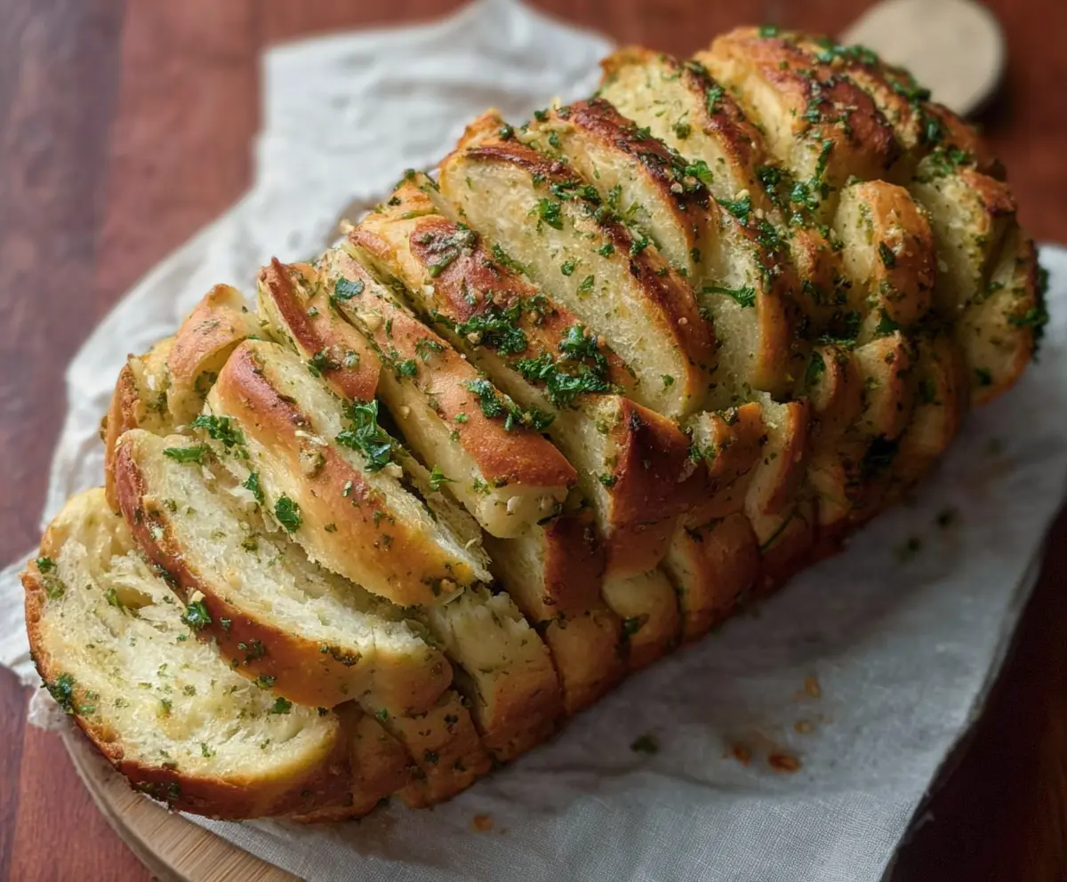 Delicious homemade sourdough discard garlic pull apart bread with golden crust and aromatic garlic topping.