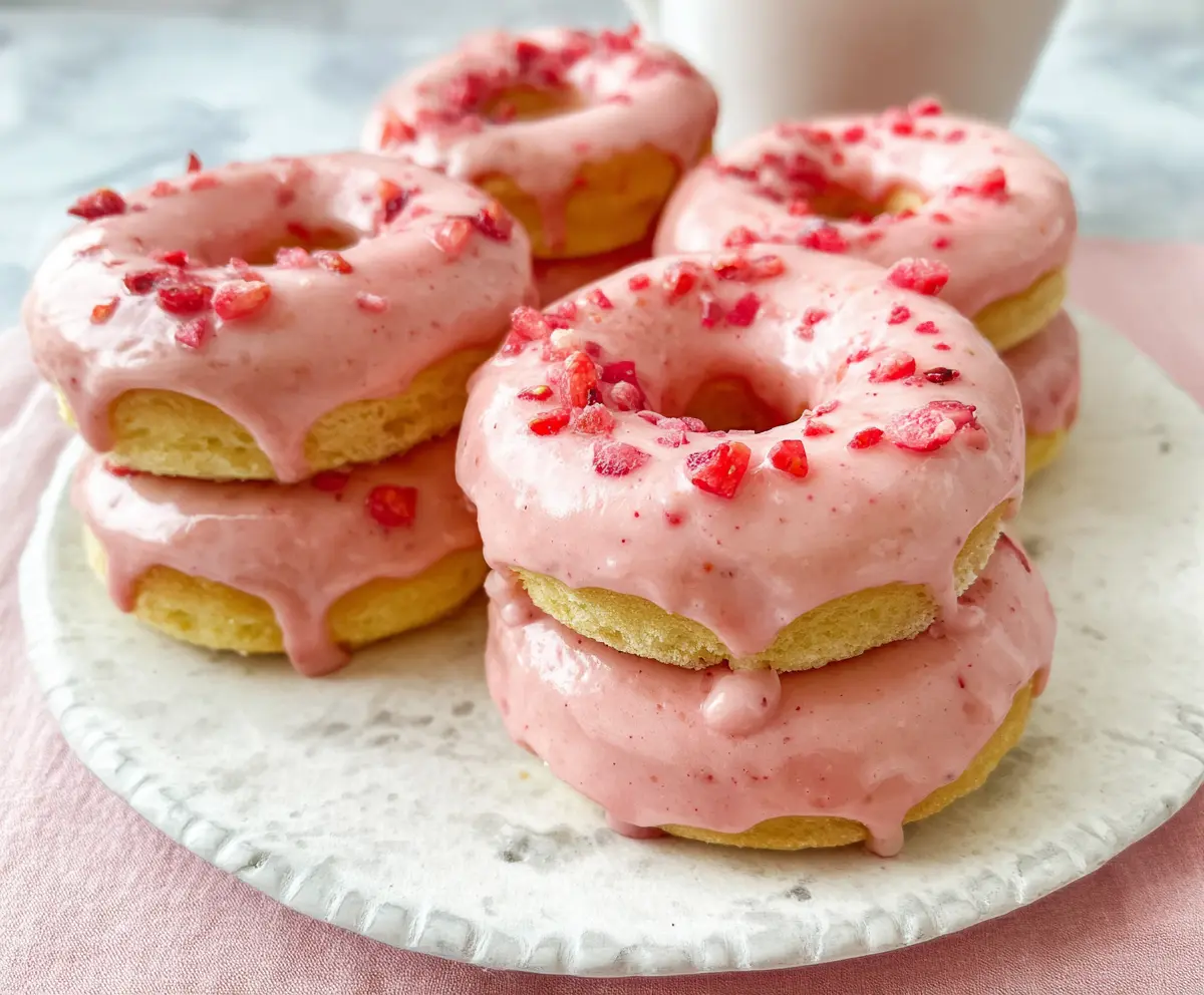 Delicious Valentine's Day themed strawberry donuts with pink icing and sprinkles ideal for romantic celebrations.