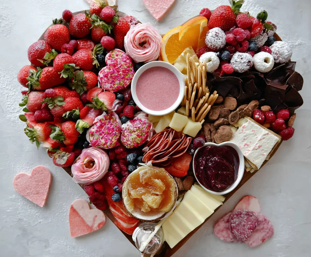 Elegant Valentine's charcuterie board with assorted cheeses, cured meats, fruits, and romantic decorations for a festive celebration.