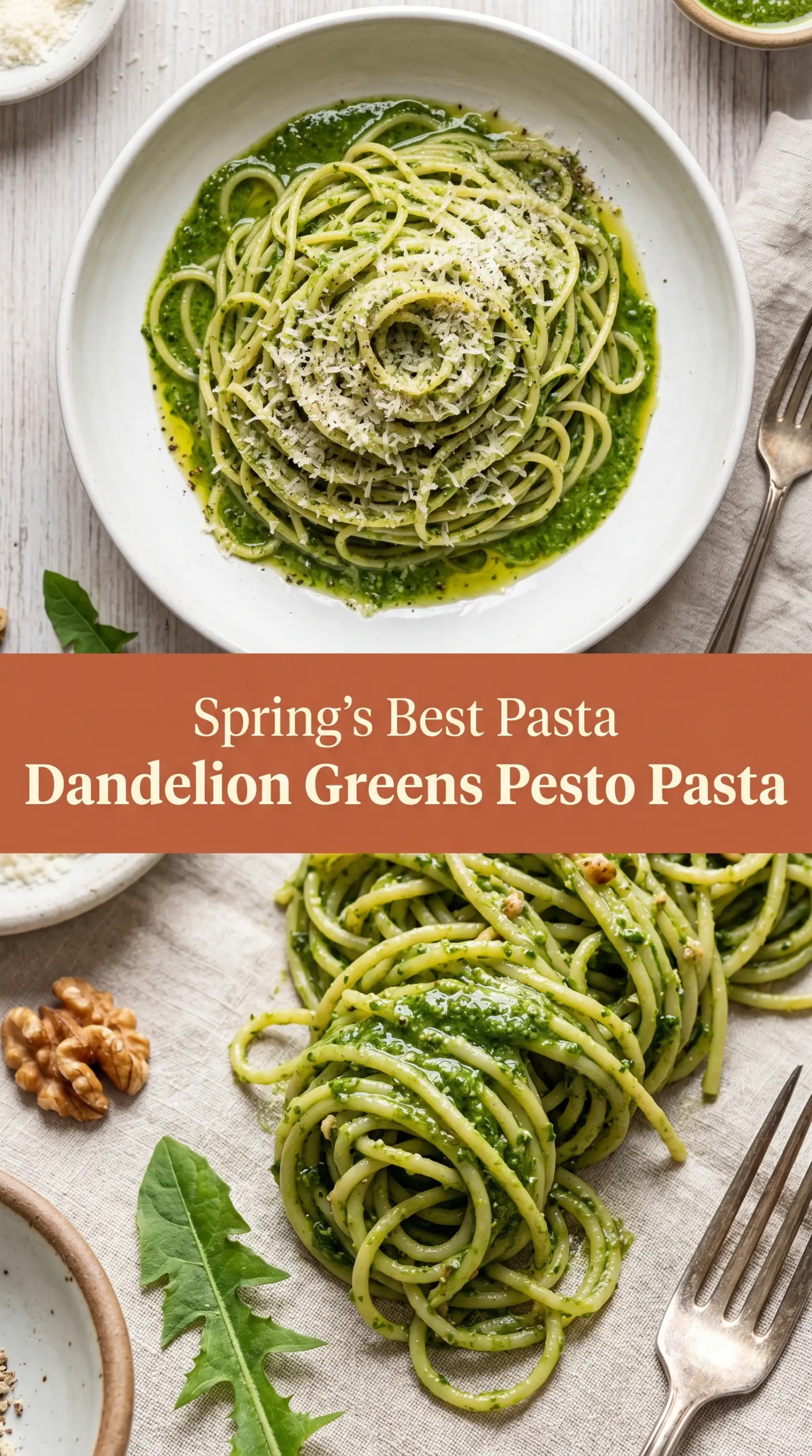 Dandelion Greens Pesto Pasta vibrant green, garlicky