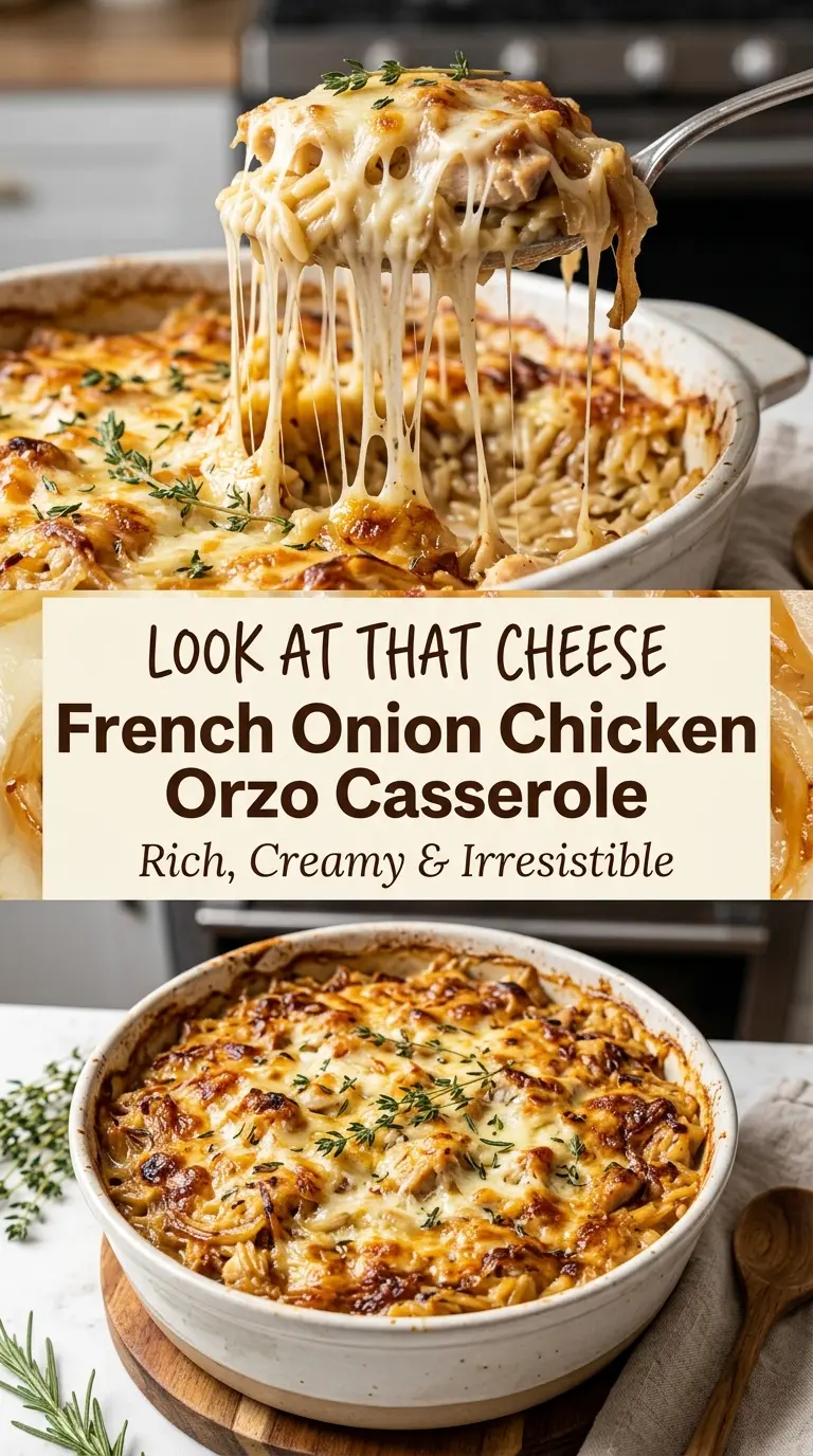 French Onion Chicken Orzo Casserole creamy cheesy