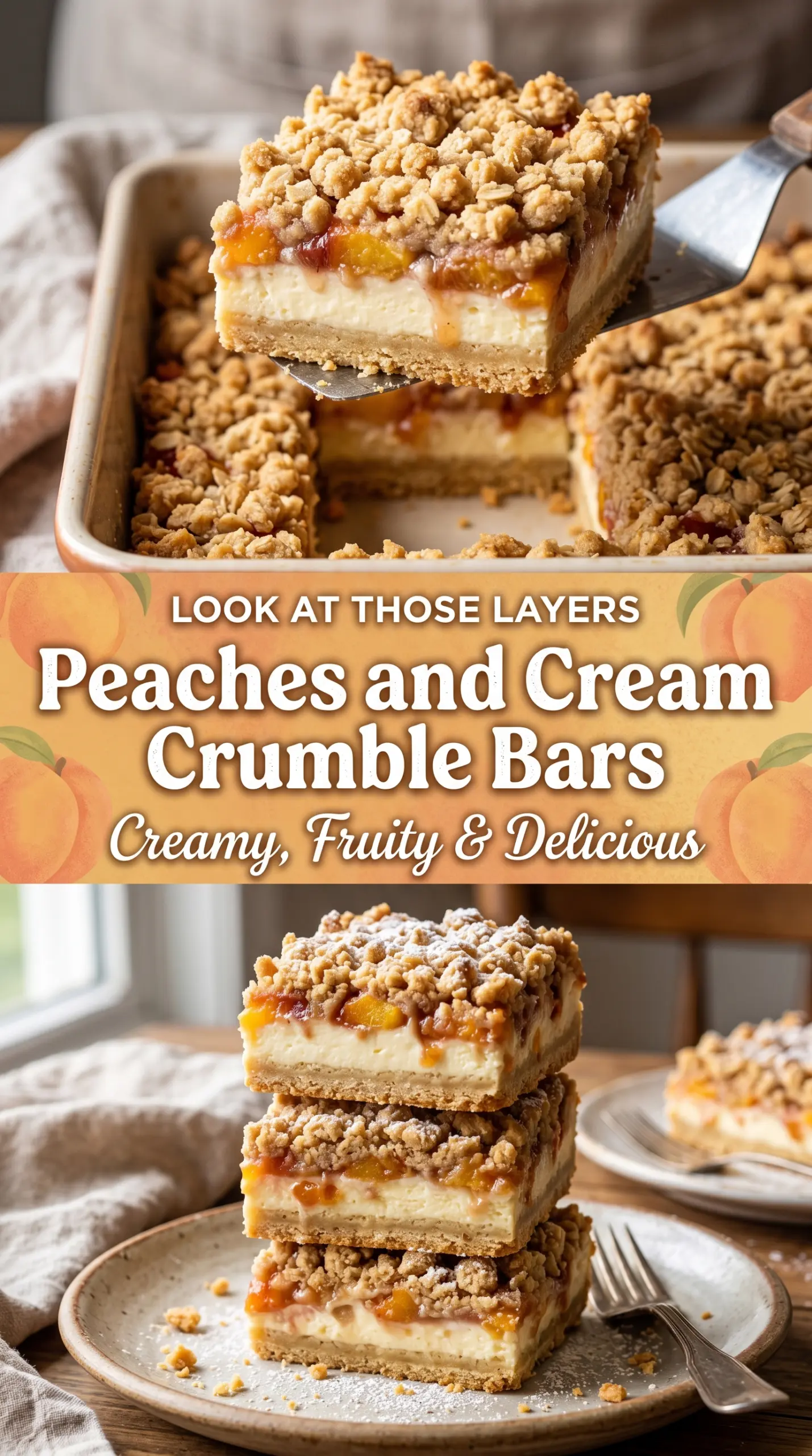 Peaches and Cream Crumble Bars buttery peach dessert