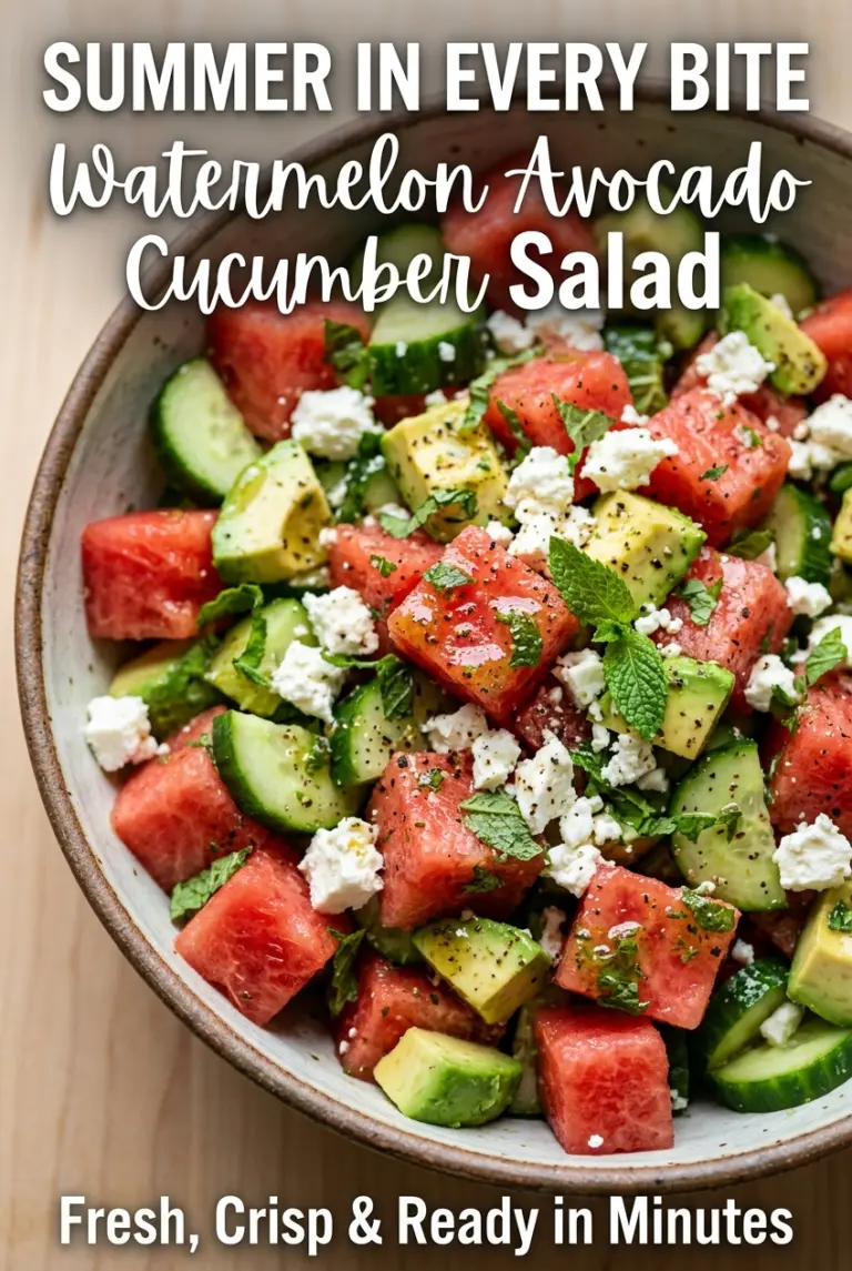 Watermelon Avocado Cucumber Salad with Feta and Honey Lime Dressing