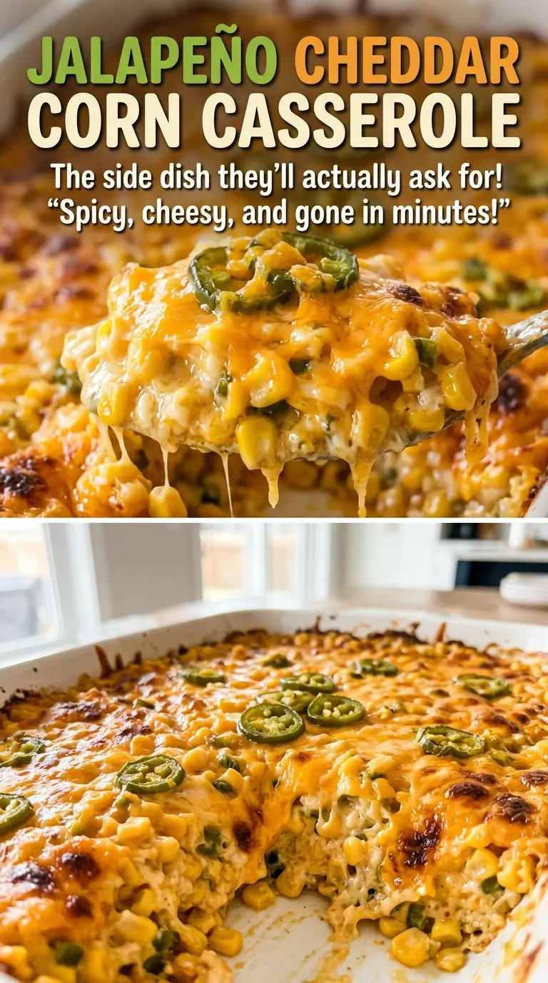 Jalapeño cheddar corn casserole with cheesy browned top