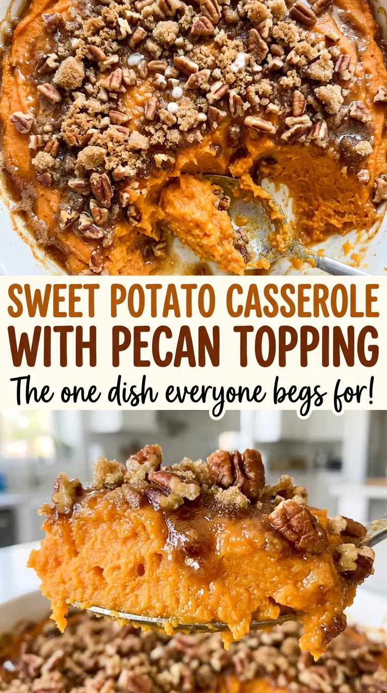 Sweet potato casserole with pecan topping, golden crumbly top